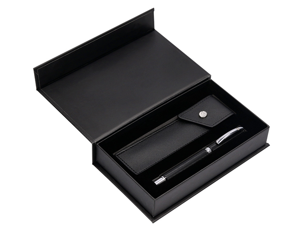 ROLLER Y ESTUCHE BELIUS TURBO ALUMINIO TEXTURA PUNTEADA NEGRO PLATEADO TINTA AZUL CAJA DE DISEÑO