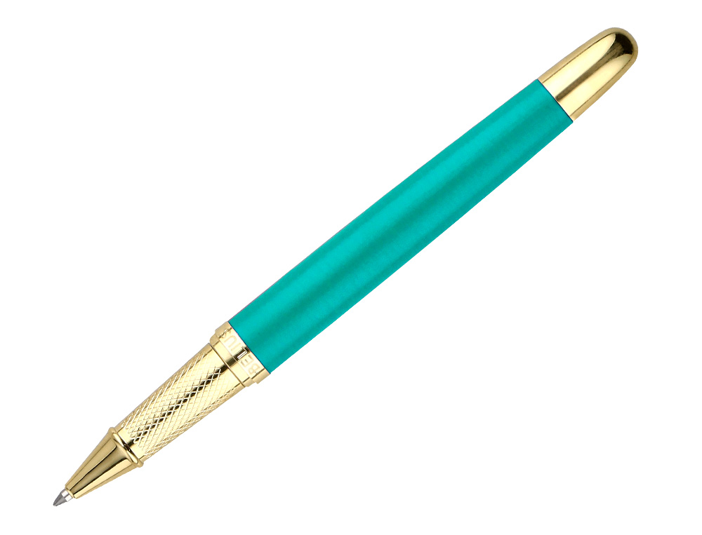 BOLIGRAFO Y ESTUCHE BELIUS SOIREE COLOR ART DECO TURQUESA Y DORADO TINTA AZUL CAJA DE DISEÑO