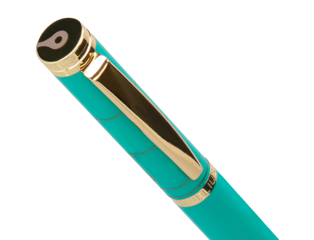 BOLIGRAFO Y ESTUCHE BELIUS SOIREE COLOR ART DECO TURQUESA Y DORADO TINTA AZUL CAJA DE DISEÑO