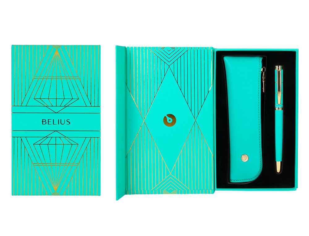 BOLIGRAFO Y ESTUCHE BELIUS SOIREE COLOR ART DECO TURQUESA Y DORADO TINTA AZUL CAJA DE DISEÑO