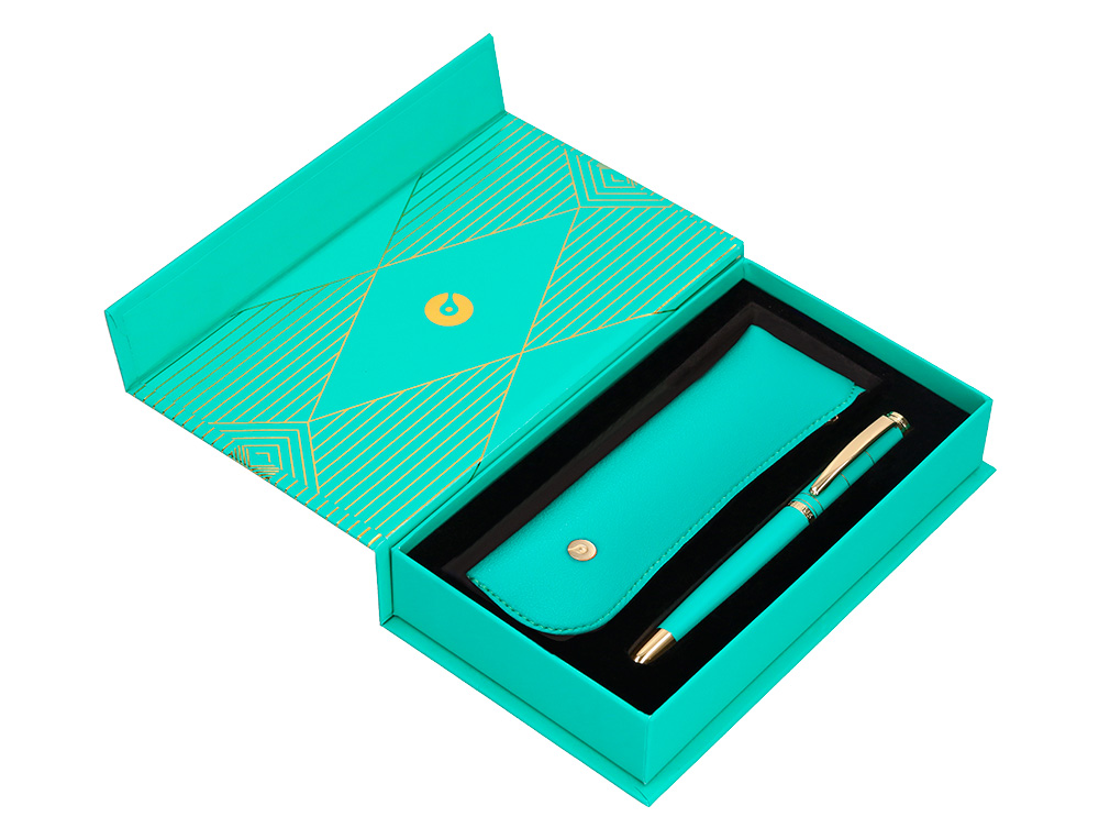BOLIGRAFO Y ESTUCHE BELIUS SOIREE COLOR ART DECO TURQUESA Y DORADO TINTA AZUL CAJA DE DISEÑO
