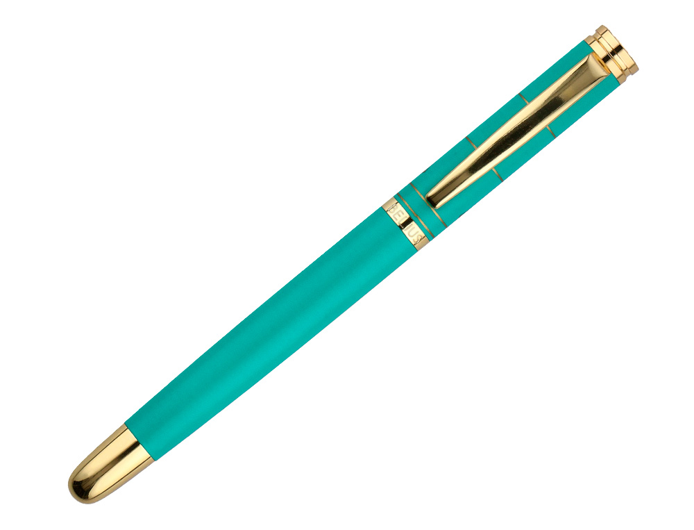 BOLIGRAFO Y ESTUCHE BELIUS SOIREE COLOR ART DECO TURQUESA Y DORADO TINTA AZUL CAJA DE DISEÑO
