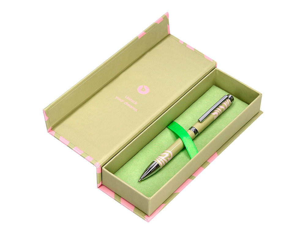 BOLIGRAFO BELIUS INK DREAMS ALUMINIO COLOR VERDE MATCHA Y ROSA PLATEADO FRASE INTERIOR TINTA AZUL CAJA DE DISEO