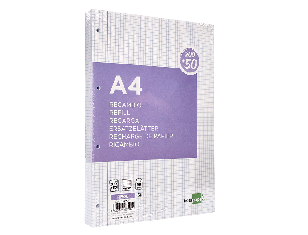 RECAMBIO LIDERPAPEL A4 200+50 HOJAS 90G/M2 CUADRO 4MM CON MARGEN 4 TALADROS