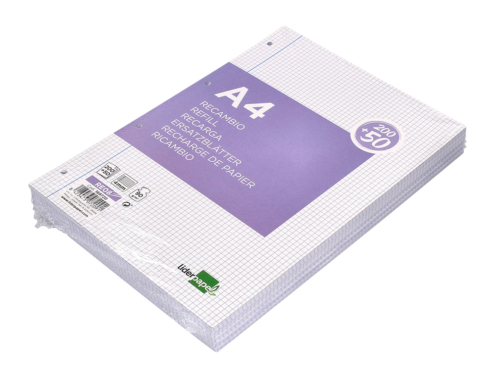 RECAMBIO LIDERPAPEL A4 200+50 HOJAS 90G/M2 CUADRO 4MM CON MARGEN 4 TALADROS