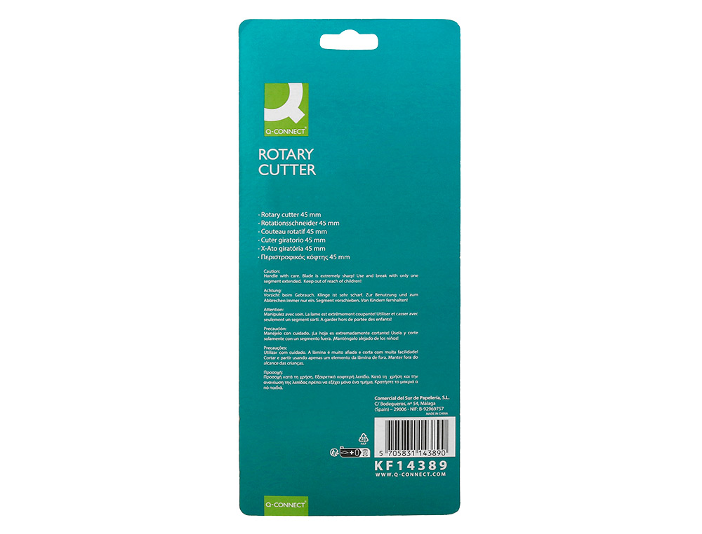 CUTER Q-CONNECT ROTATORIO MEDIDAS 22X56X165 MM CUCHILLA CIRCULAR 45 MM XD-38 BLISTER 1 UNIDAD