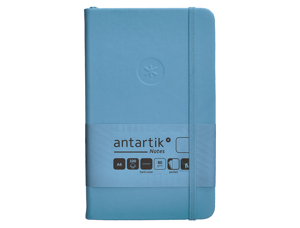 CUADERNO CON GOMILLA ANTARTIK NOTES TAPA DURA A6 HOJAS LISAS AZUL CLARO 100 HOJAS 80 GR FSC