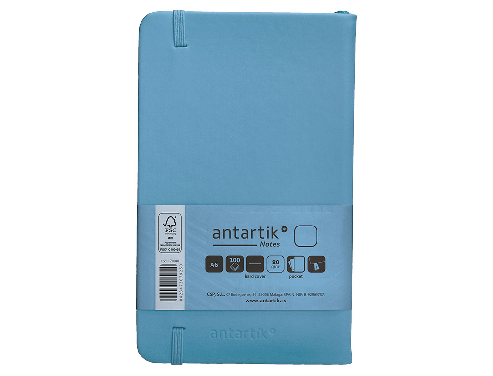 CUADERNO CON GOMILLA ANTARTIK NOTES TAPA DURA A6 HOJAS LISAS AZUL CLARO 100 HOJAS 80 GR FSC
