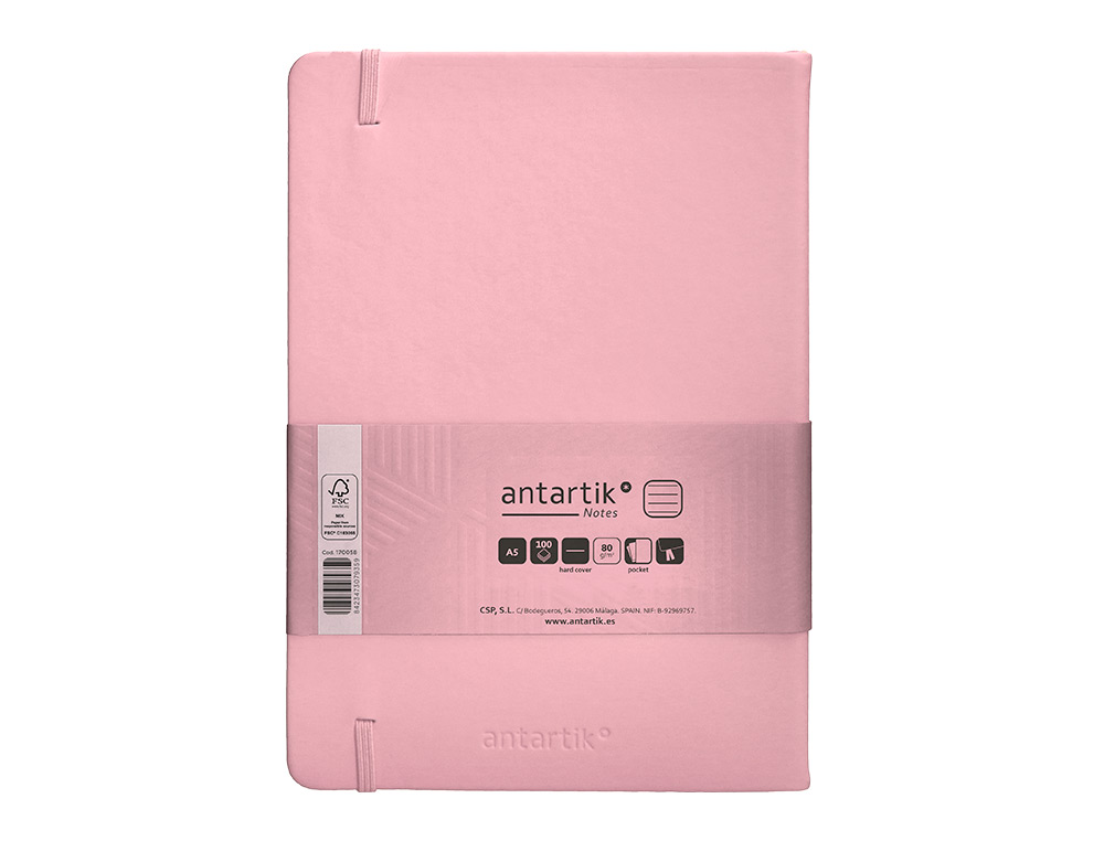 CUADERNO CON GOMILLA ANTARTIK NOTES TAPA DURA A5 HOJAS RAYAS ROSA PASTEL 100 HOJAS 80 GR FSC