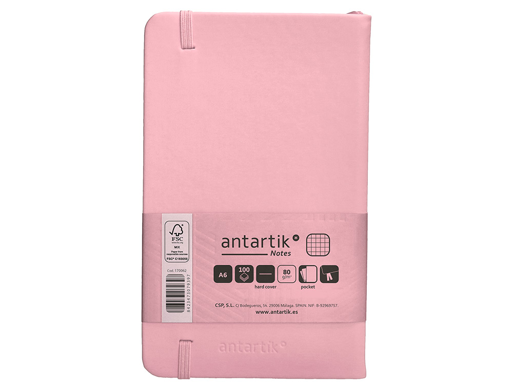 CUADERNO CON GOMILLA ANTARTIK NOTES TAPA DURA A6 HOJAS CUADRICULA ROSA PASTEL 100 HOJAS 80 GR FSC