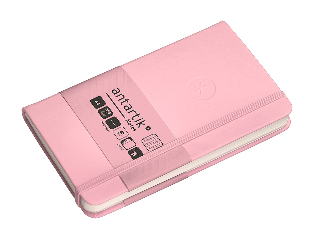 CUADERNO CON GOMILLA ANTARTIK NOTES TAPA DURA A6 HOJAS CUADRICULA ROSA PASTEL 100 HOJAS 80 GR FSC