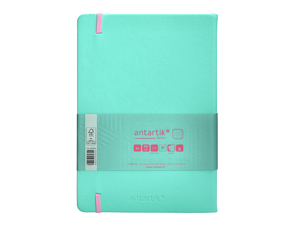 CUADERNO CON GOMILLA ANTARTIK NOTES TAPA DURA A5 HOJAS PUNTOS ROSA Y TURQUESA 100 HOJAS 80 GR FSC