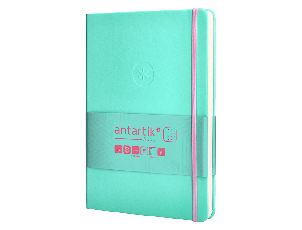 CUADERNO CON GOMILLA ANTARTIK NOTES TAPA DURA A5 HOJAS PUNTOS ROSA Y TURQUESA 100 HOJAS 80 GR FSC