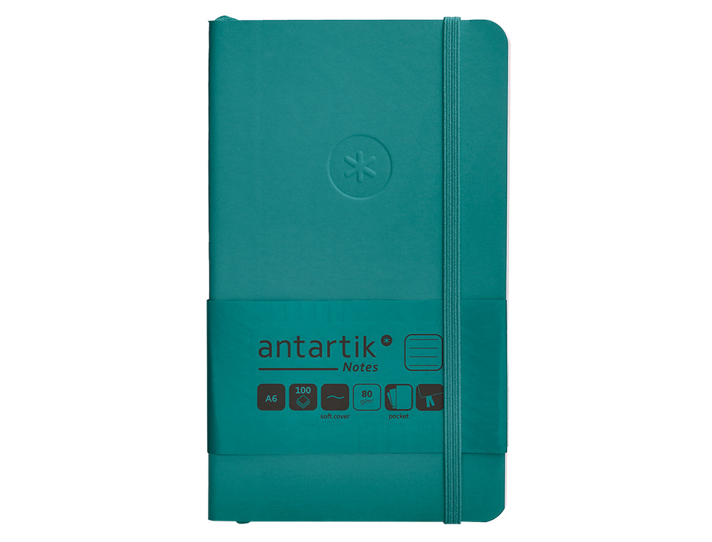 CUADERNO CON GOMILLA ANTARTIK NOTES TAPA BLANDA A6 RAYAS VERDE AGUAMARINA 100 HOJAS 80 GR FSC