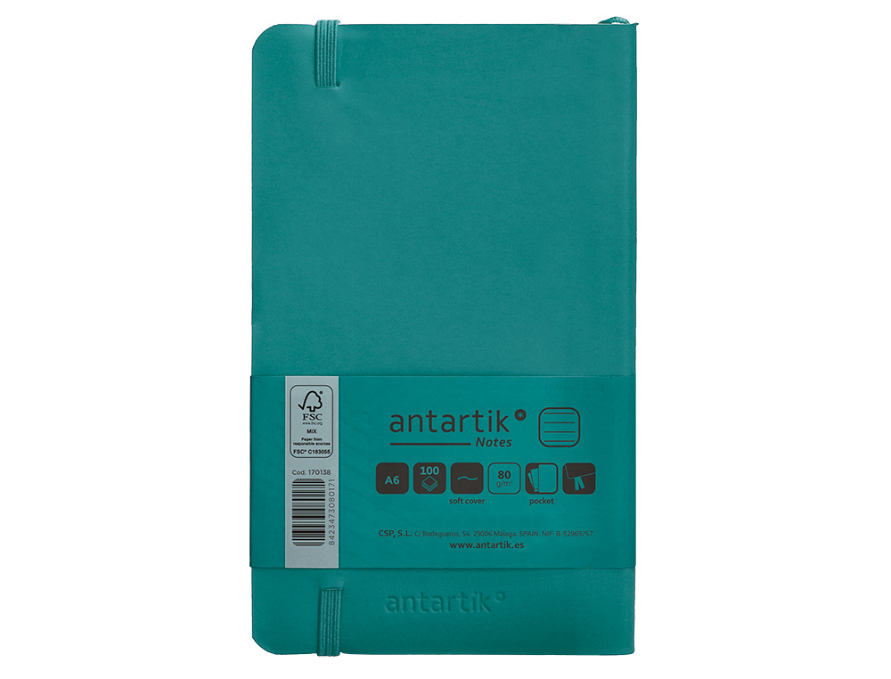 CUADERNO CON GOMILLA ANTARTIK NOTES TAPA BLANDA A6 RAYAS VERDE AGUAMARINA 100 HOJAS 80 GR FSC