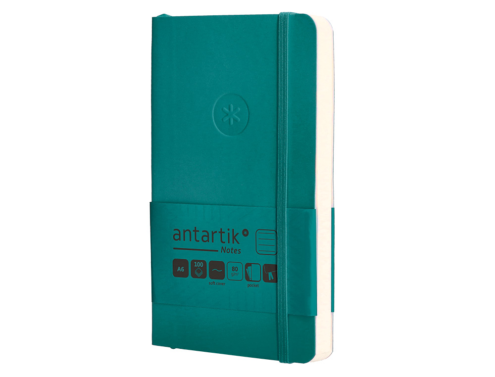 CUADERNO CON GOMILLA ANTARTIK NOTES TAPA BLANDA A6 RAYAS VERDE AGUAMARINA 100 HOJAS 80 GR FSC