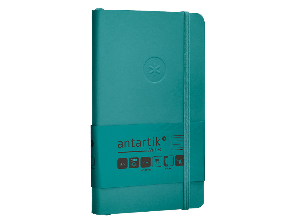CUADERNO CON GOMILLA ANTARTIK NOTES TAPA BLANDA A6 RAYAS VERDE AGUAMARINA 100 HOJAS 80 GR FSC