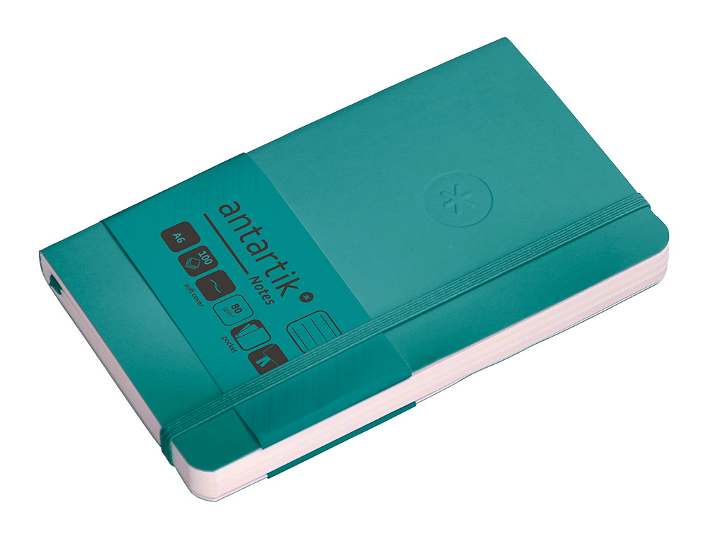 CUADERNO CON GOMILLA ANTARTIK NOTES TAPA BLANDA A6 RAYAS VERDE AGUAMARINA 100 HOJAS 80 GR FSC