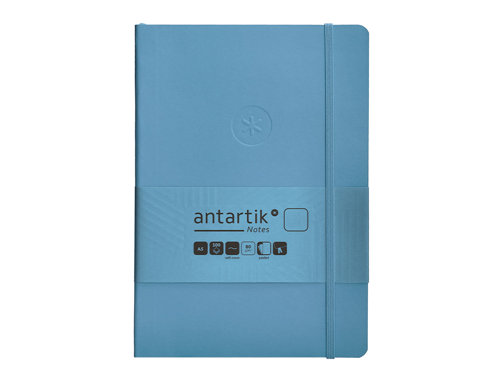 CUADERNO CON GOMILLA ANTARTIK NOTES TAPA BLANDA A5 HOJAS LISAS AZUL CLARO 80 HOJAS 80 GR FSC