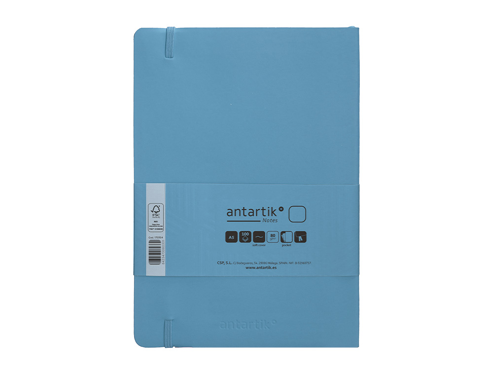 CUADERNO CON GOMILLA ANTARTIK NOTES TAPA BLANDA A5 HOJAS LISAS AZUL CLARO 80 HOJAS 80 GR FSC