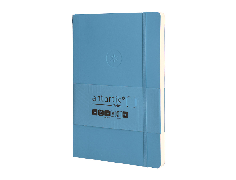 CUADERNO CON GOMILLA ANTARTIK NOTES TAPA BLANDA A5 HOJAS LISAS AZUL CLARO 80 HOJAS 80 GR FSC
