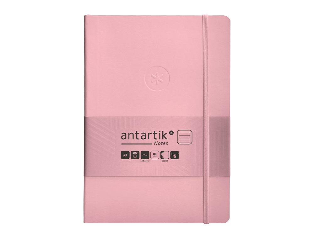 CUADERNO CON GOMILLA ANTARTIK NOTES TAPA BLANDA A5 HOJAS RAYAS ROSA PASTEL 80 HOJAS 80 GR FSC