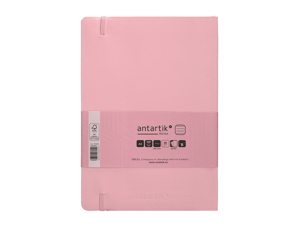 CUADERNO CON GOMILLA ANTARTIK NOTES TAPA BLANDA A5 HOJAS RAYAS ROSA PASTEL 80 HOJAS 80 GR FSC