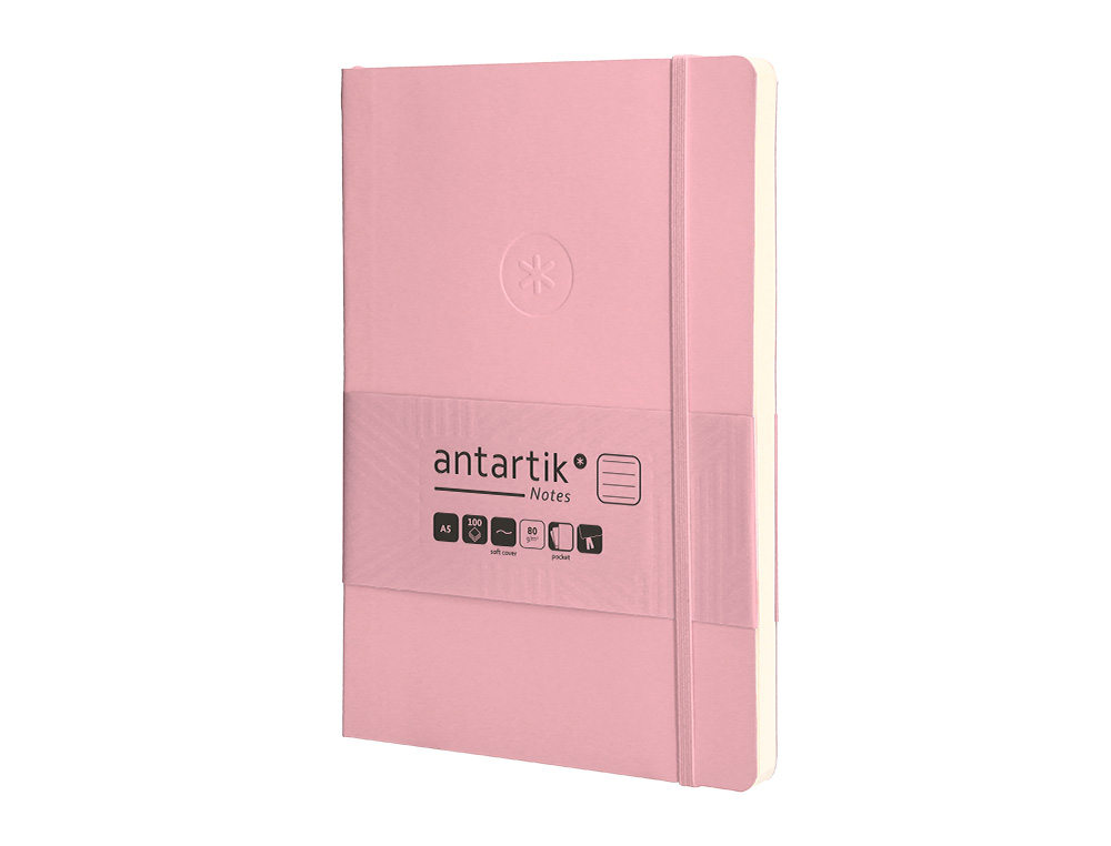 CUADERNO CON GOMILLA ANTARTIK NOTES TAPA BLANDA A5 HOJAS RAYAS ROSA PASTEL 80 HOJAS 80 GR FSC