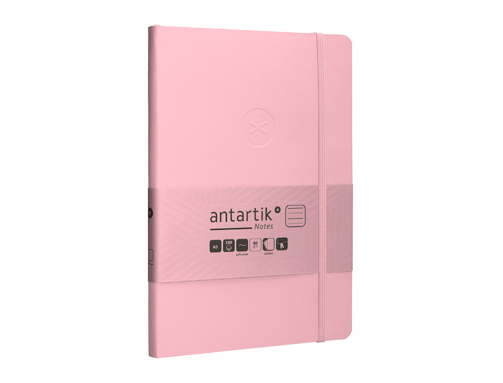 CUADERNO CON GOMILLA ANTARTIK NOTES TAPA BLANDA A5 HOJAS RAYAS ROSA PASTEL 80 HOJAS 80 GR FSC