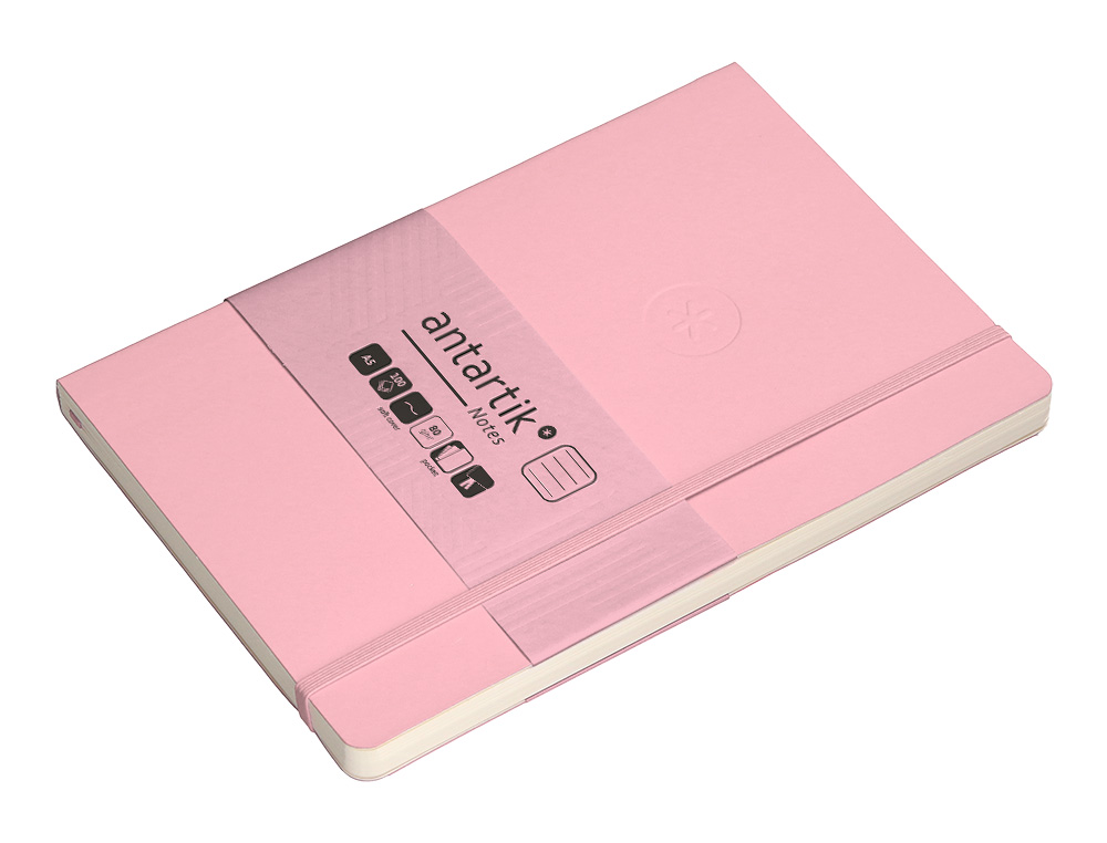 CUADERNO CON GOMILLA ANTARTIK NOTES TAPA BLANDA A5 HOJAS RAYAS ROSA PASTEL 80 HOJAS 80 GR FSC