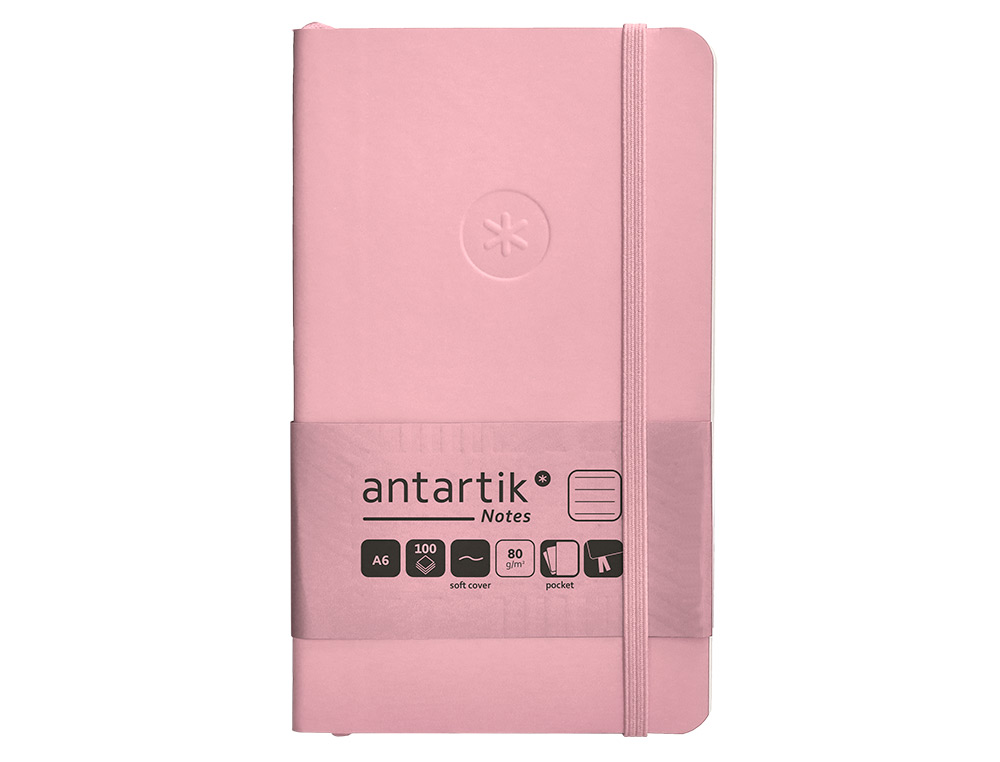 CUADERNO CON GOMILLA ANTARTIK NOTES TAPA BLANDA A6 RAYAS ROSA PASTEL 100 HOJAS 80 GR FSC