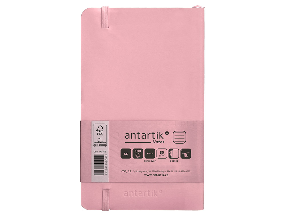 CUADERNO CON GOMILLA ANTARTIK NOTES TAPA BLANDA A6 RAYAS ROSA PASTEL 100 HOJAS 80 GR FSC