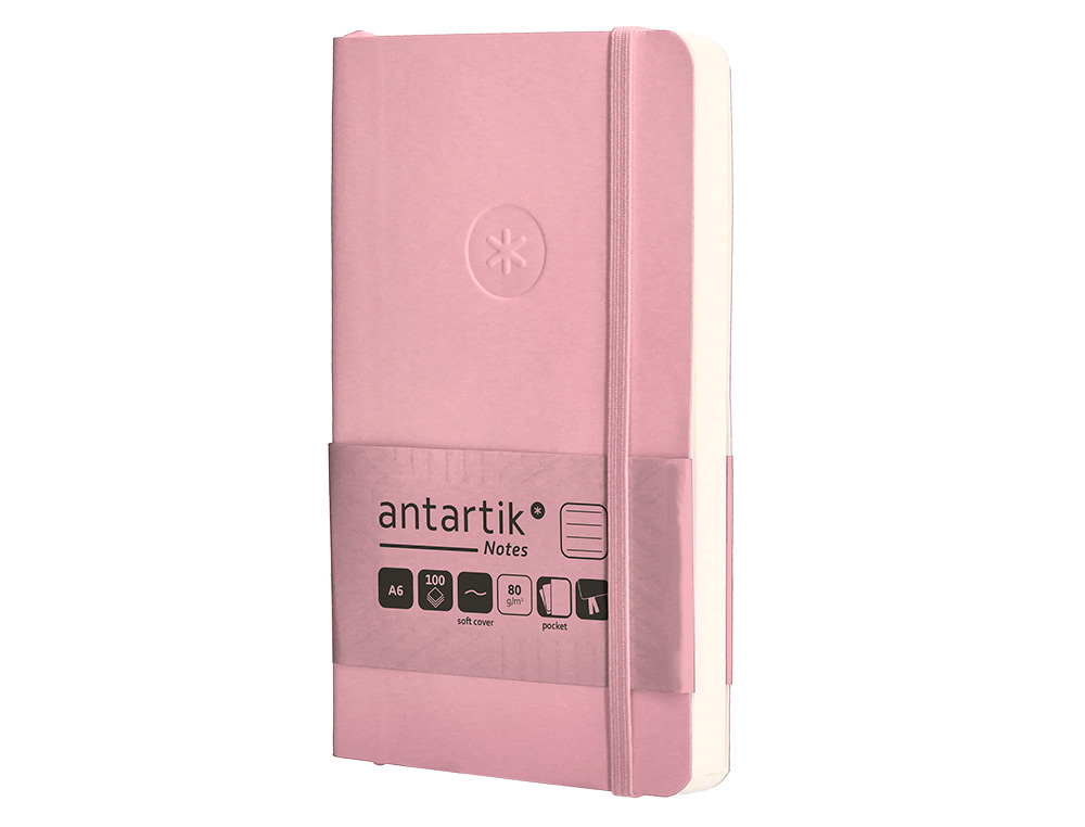 CUADERNO CON GOMILLA ANTARTIK NOTES TAPA BLANDA A6 RAYAS ROSA PASTEL 100 HOJAS 80 GR FSC