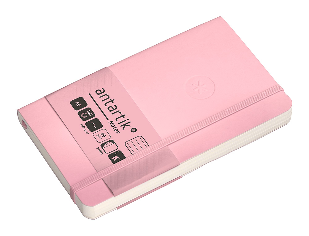 CUADERNO CON GOMILLA ANTARTIK NOTES TAPA BLANDA A6 RAYAS ROSA PASTEL 100 HOJAS 80 GR FSC
