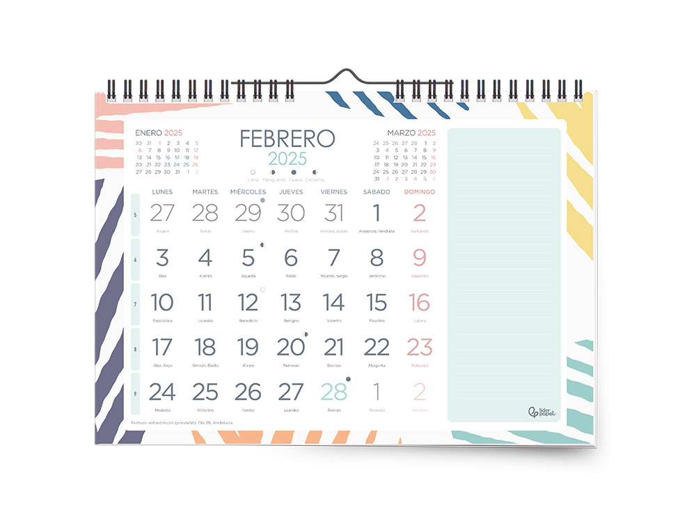 CALENDARIO ESPIRAL PARED LIDERPAPEL JOVEN 2025 NUMEROS GRANDES 44X32 CM PAPEL 128 GR CON PEGATINAS