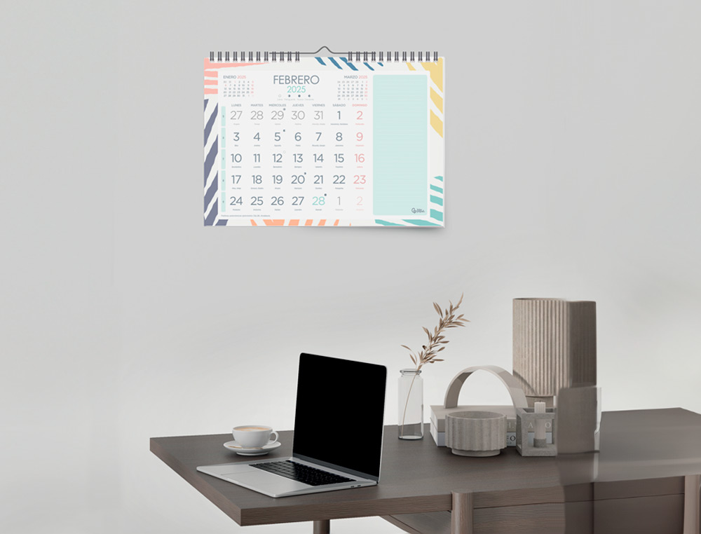 CALENDARIO ESPIRAL PARED LIDERPAPEL JOVEN 2025 NUMEROS GRANDES 44X32 CM PAPEL 128 GR CON PEGATINAS