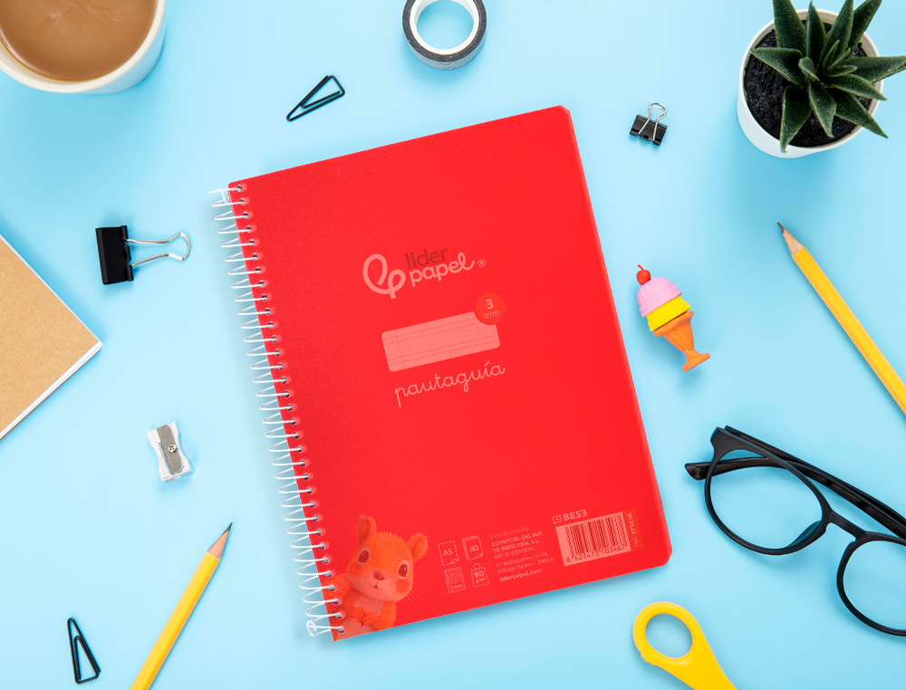 CUADERNO ESPIRAL LIDERPAPEL A5 PAUTAGUIA TAPA PLASTICO 80H 90GR CUADRO PAUTADO 3 MM CON MARGEN COLOR ROJO