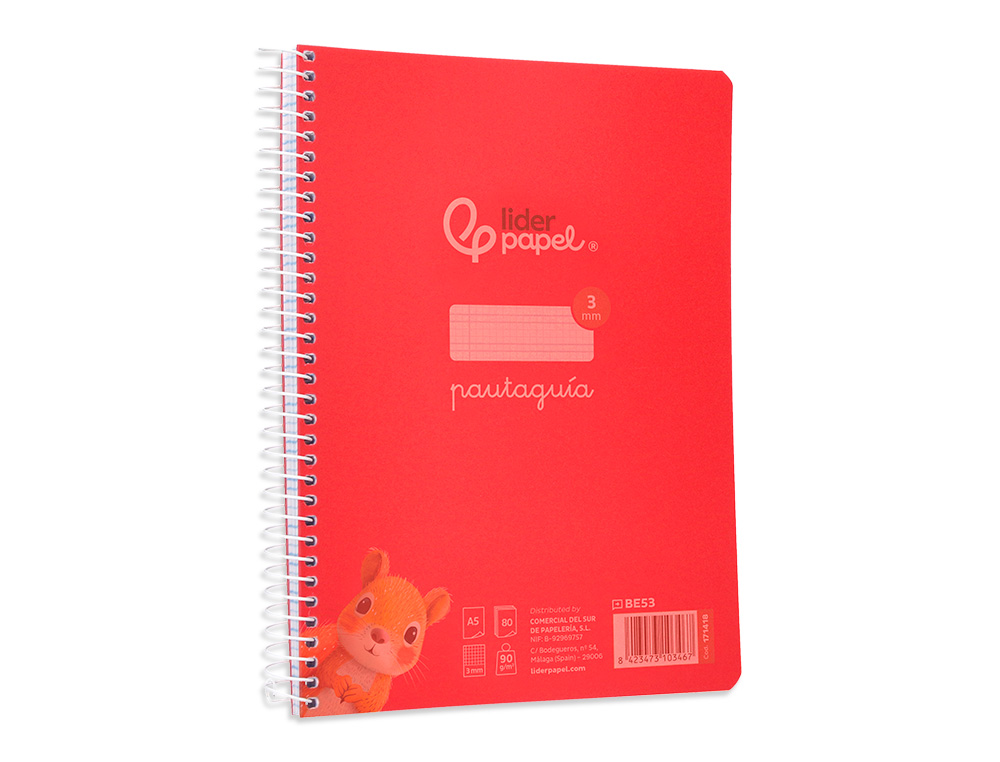 CUADERNO ESPIRAL LIDERPAPEL A5 PAUTAGUIA TAPA PLASTICO 80H 90GR CUADRO PAUTADO 3 MM CON MARGEN COLOR ROJO