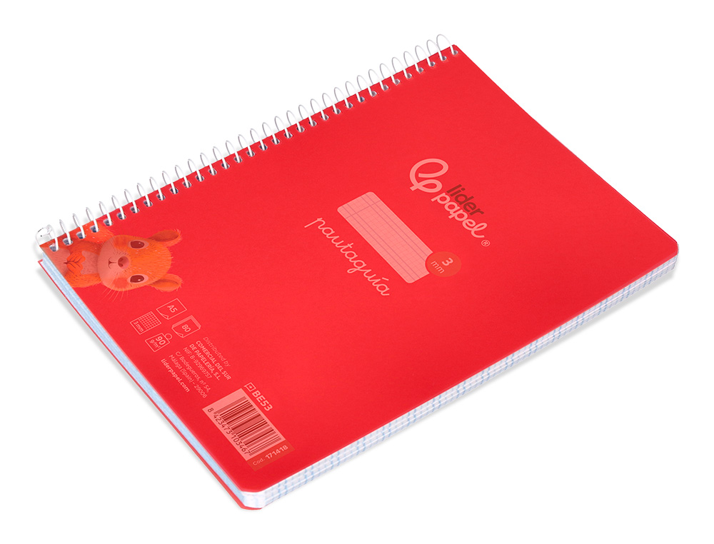 CUADERNO ESPIRAL LIDERPAPEL A5 PAUTAGUIA TAPA PLASTICO 80H 90GR CUADRO PAUTADO 3 MM CON MARGEN COLOR ROJO