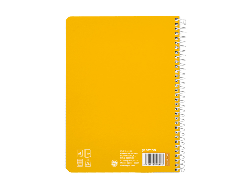 CUADERNO ESPIRAL LIDERPAPEL A5 PAUTAGUIA TAPA BLANDA 40H 75 GR CUADRO PAUTADO 3MM COLOR AMARILLO