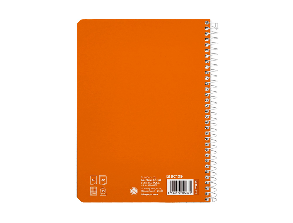 CUADERNO ESPIRAL LIDERPAPEL A5 PAUTAGUIA TAPA BLANDA 40H 75 GR CUADRO PAUTADO 3MM COLOR NARANJA