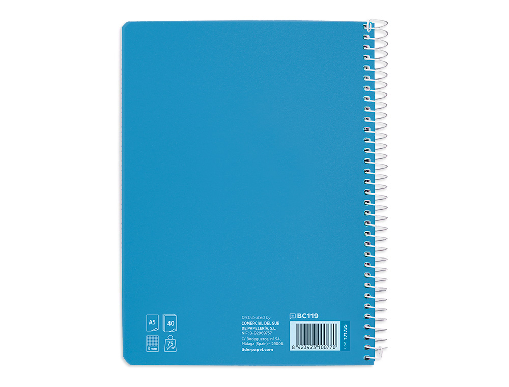 CUADERNO ESPIRAL LIDERPAPEL DIN A5 PAUTAGUIA TAPA BLANDA 40H 75 GR CUADRO PAUTADO 5MM COLOR AZUL
