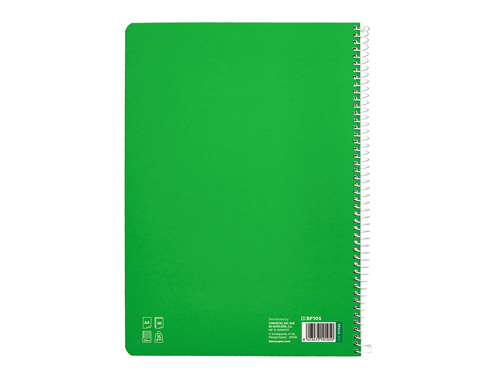 CUADERNO ESPIRAL LIDERPAPEL A4 PAUTAGUIA TAPA BLANDA 80H 75 GR CUADRO PAUTADO 2,5MM COLOR VERDE