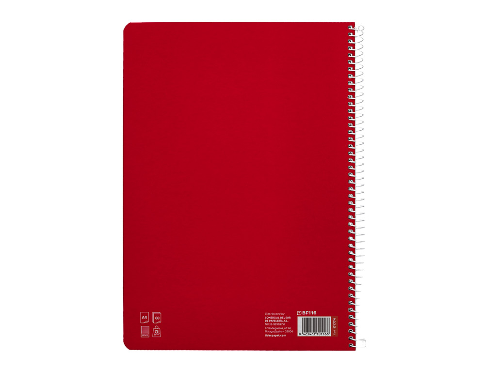 CUADERNO ESPIRAL LIDERPAPEL A4 PAUTAGUIA TAPA BLANDA 80H 75GR CUADRO PAUTADO 4MM COLOR ROJO