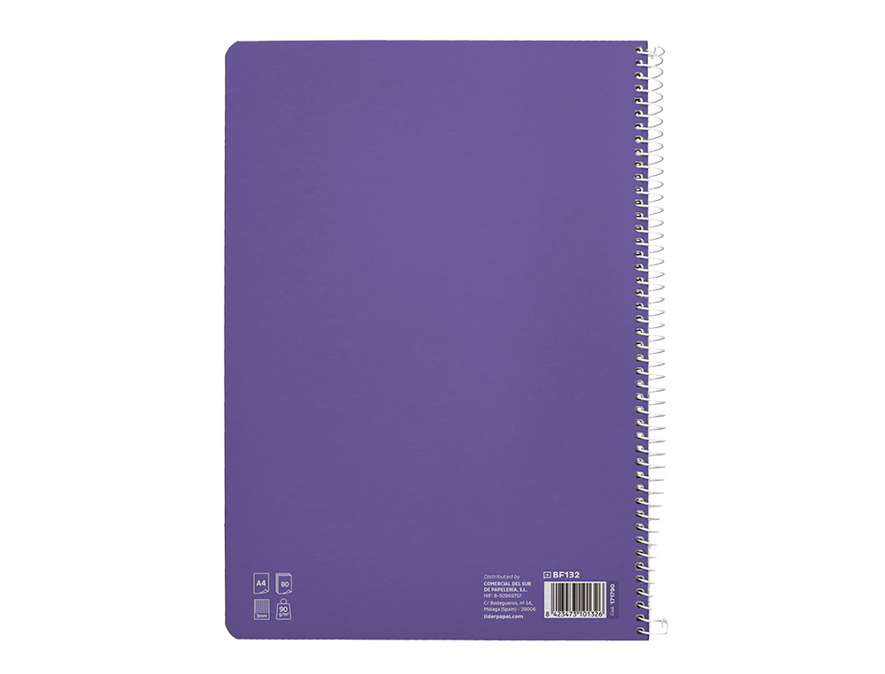 CUADERNO ESPIRAL LIDERPAPEL DIN A4 PAUTAGUIA TAPA DURA 80H 90 GR CUADRO PAUTADO 3MM COLOR LILA