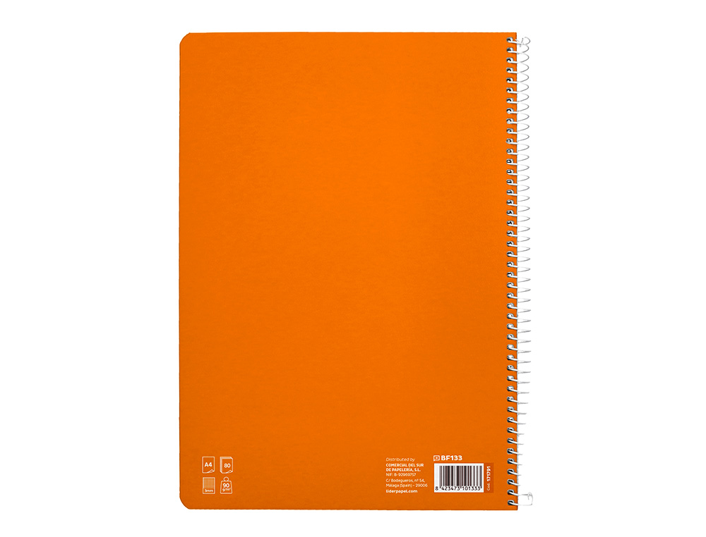 CUADERNO ESPIRAL LIDERPAPEL DIN A4 PAUTAGUIA TAPA DURA 80H 90 GR CUADRO PAUTADO 3MM COLOR NARANJA