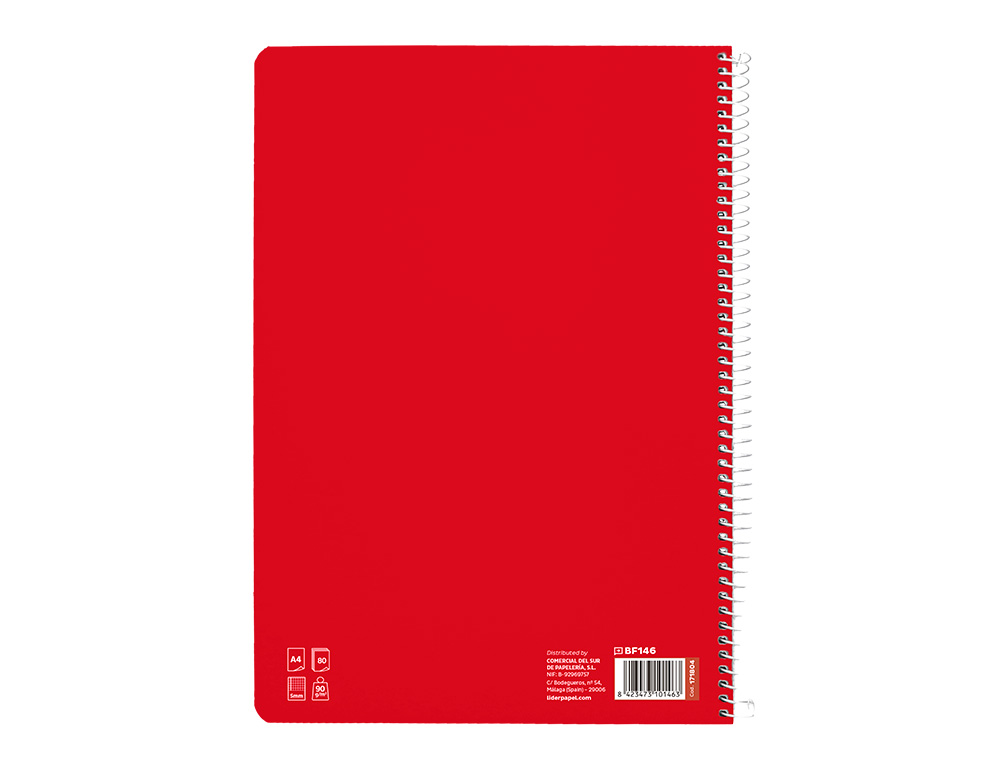 CUADERNO ESPIRAL LIDERPAPEL DIN A4 PAUTAGUIA TAPA DURA 80H 90 GR CUADRO PAUTADO 5MM COLOR ROJO