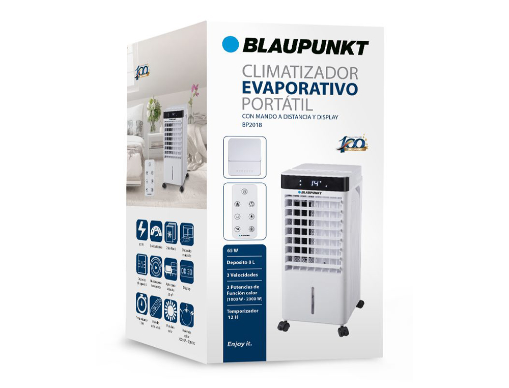 CLIMATIZADOR EVAPORATIVO BLAUPUNKT 65W FRIO/CALOR 8L 3 VELOCIDADES HASTA 20 M2 TEMPORIZADOR CON RUEDAS
