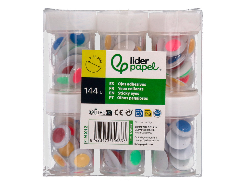 OJO LIDERPAPEL 15 MM BLANCO CON PUPILA DE COLORES SURTIDOS PACK DE 144 UNIDADES