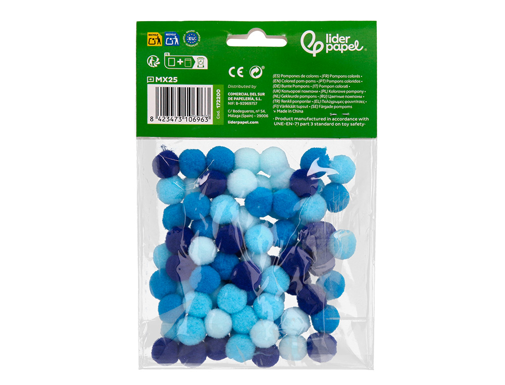 POMPONES DE COLORES LIDERPAPEL 1,5 CM TONALIDADES AZULES BOLSA CON 80 UNIDADES